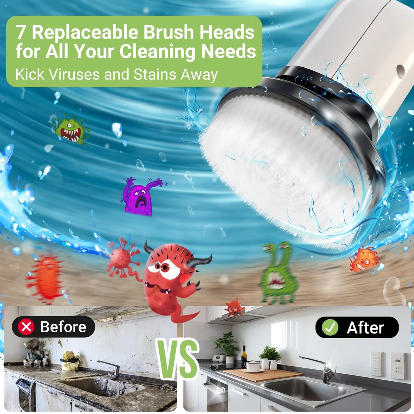 Electric Spin Scrubber, Cordless Cleaning Brush with 8 Replaceable Brush Heads, Power Shower Scrubber with Long Handle for Floor, Tile, Bathroom, Tub